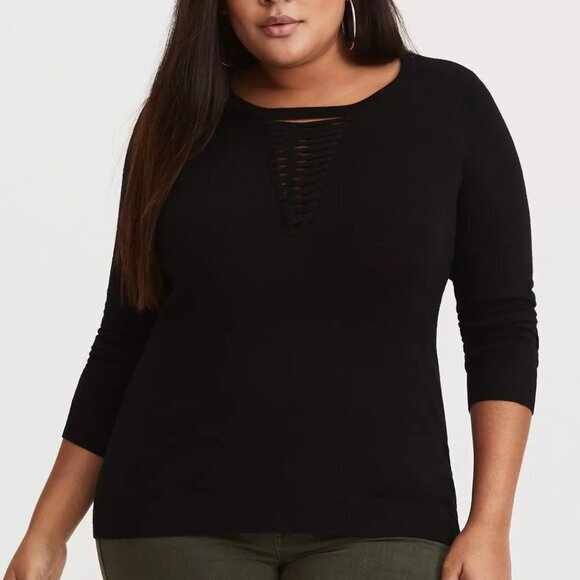 TORRID 4 Plus Size Lattice Knit Sweater Solid Black Lace Up Rayon Pullover sz 4X - Picture 1 of 16